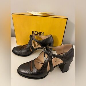 Authentic Fendi Charcoal Cut-out Mary Jane Pumps, Size 7